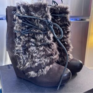 Luxury Rebel Faux Fur Lace-Up wedge Boots - Dark Brown